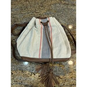 Splendid Striped Canvas Bucket Bag Backpack‎ Brown Leather Trim Tassel MSRP $158